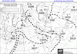 Synoptic ground pressure chart of Great Britain 25/03/2014 12UTC provided by www.wetter3.de and metoffice.gov.uk.